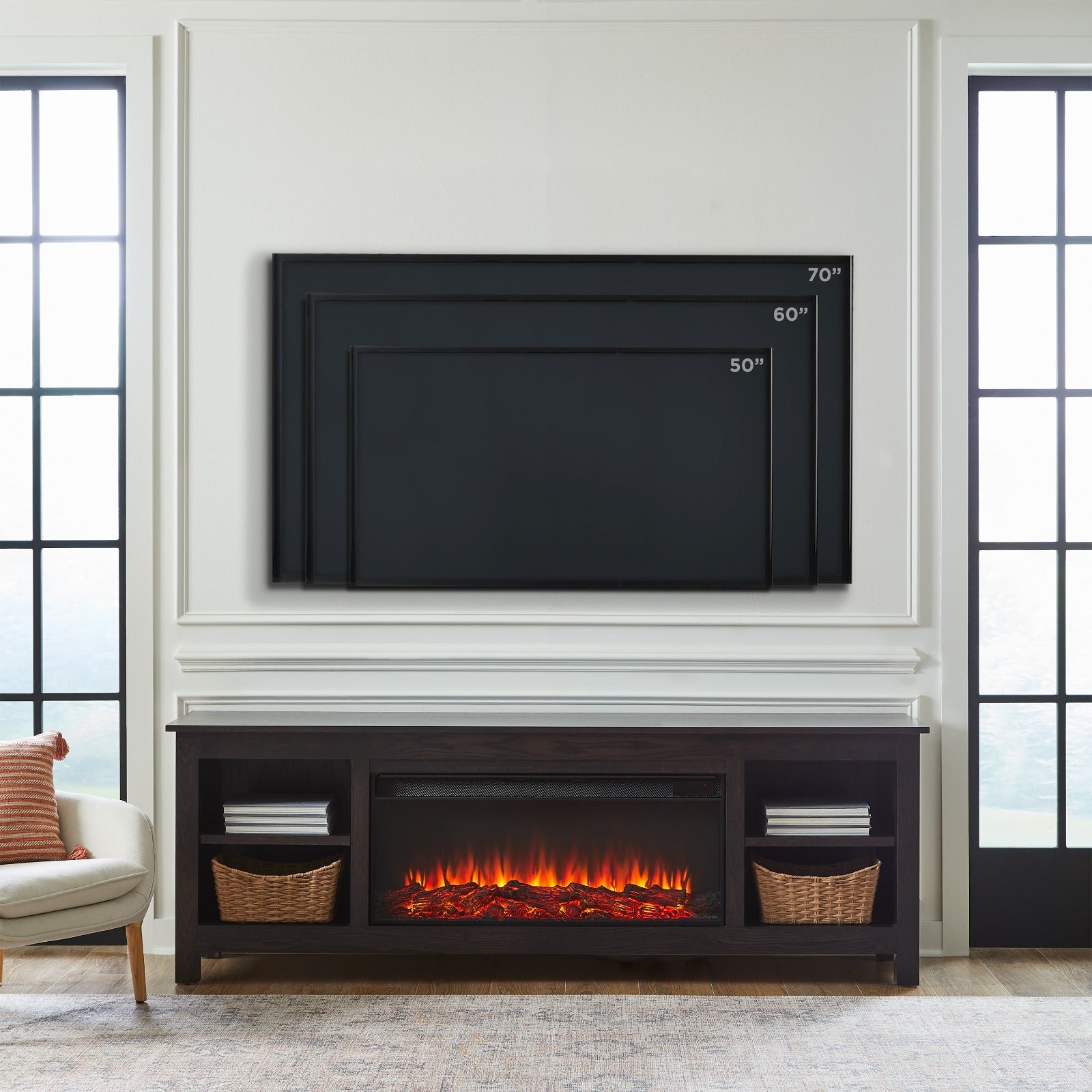 Alden 84" Solid Wood Landscape Electric Fireplace TV Stand - Real Flame
