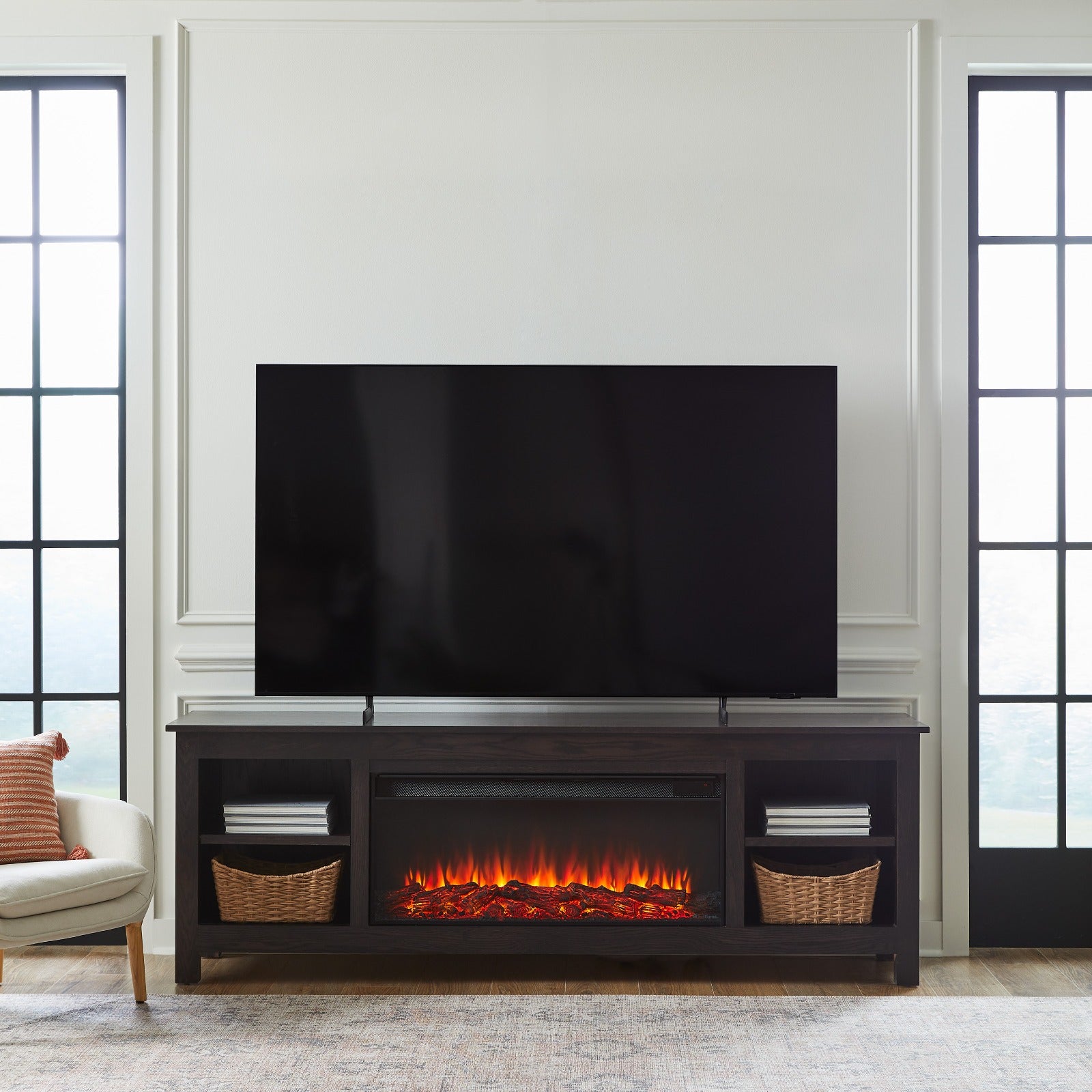 Alden 84" Solid Wood Landscape Electric Fireplace TV Stand - Real Flame