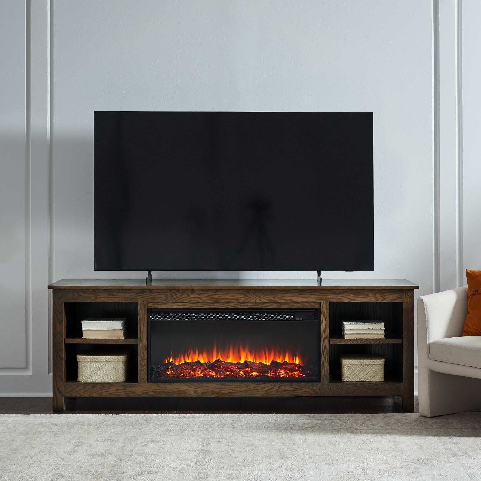 Alden 84" Solid Wood Landscape Electric Fireplace TV Stand - Real Flame