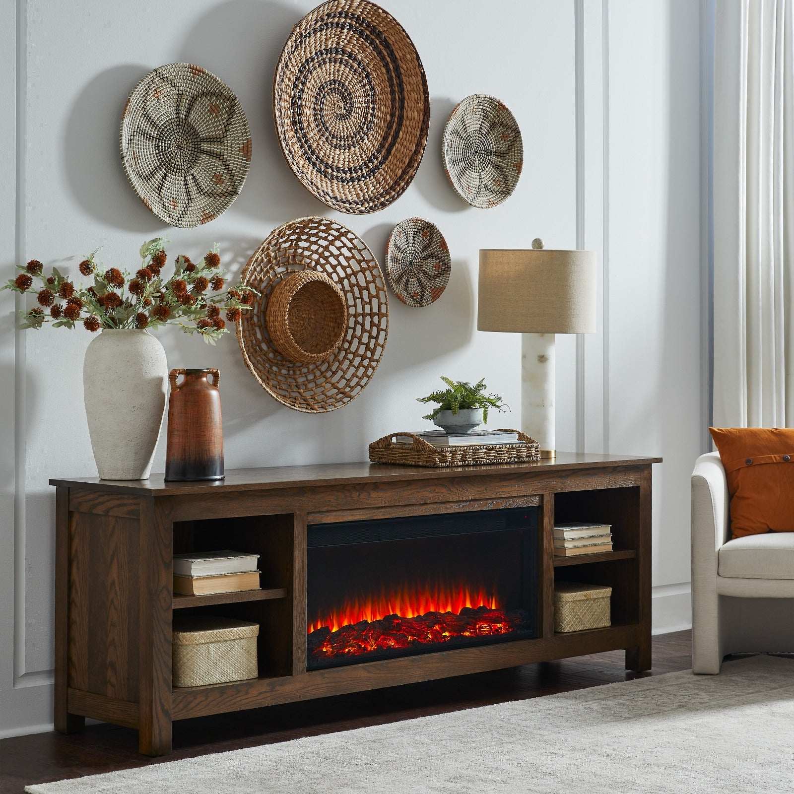 Alden 84" Solid Wood Landscape Electric Fireplace TV Stand - Real Flame