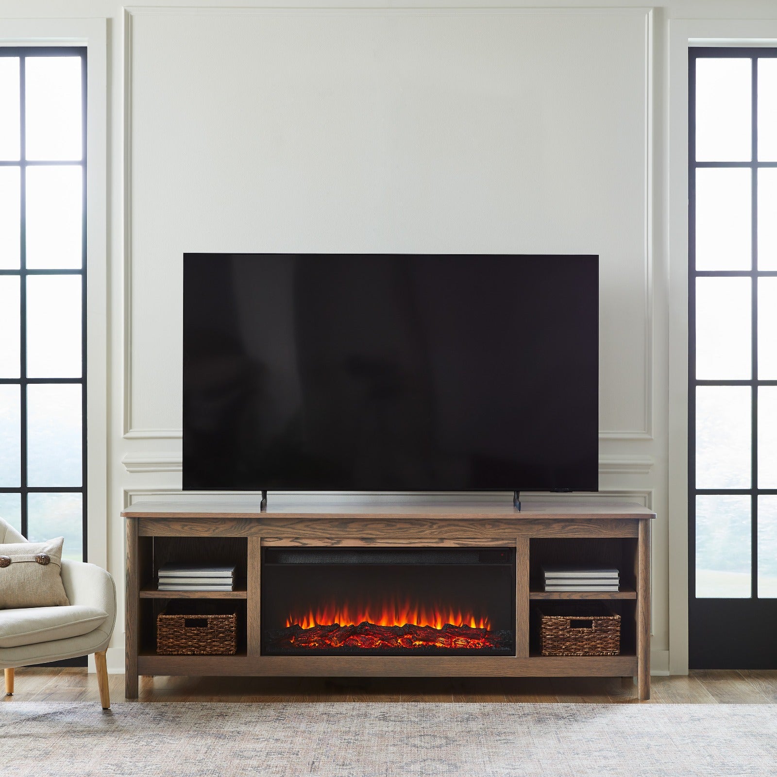 Rowan 81" Solid Wood Landscape Electric Fireplace TV Stand - Real Flame