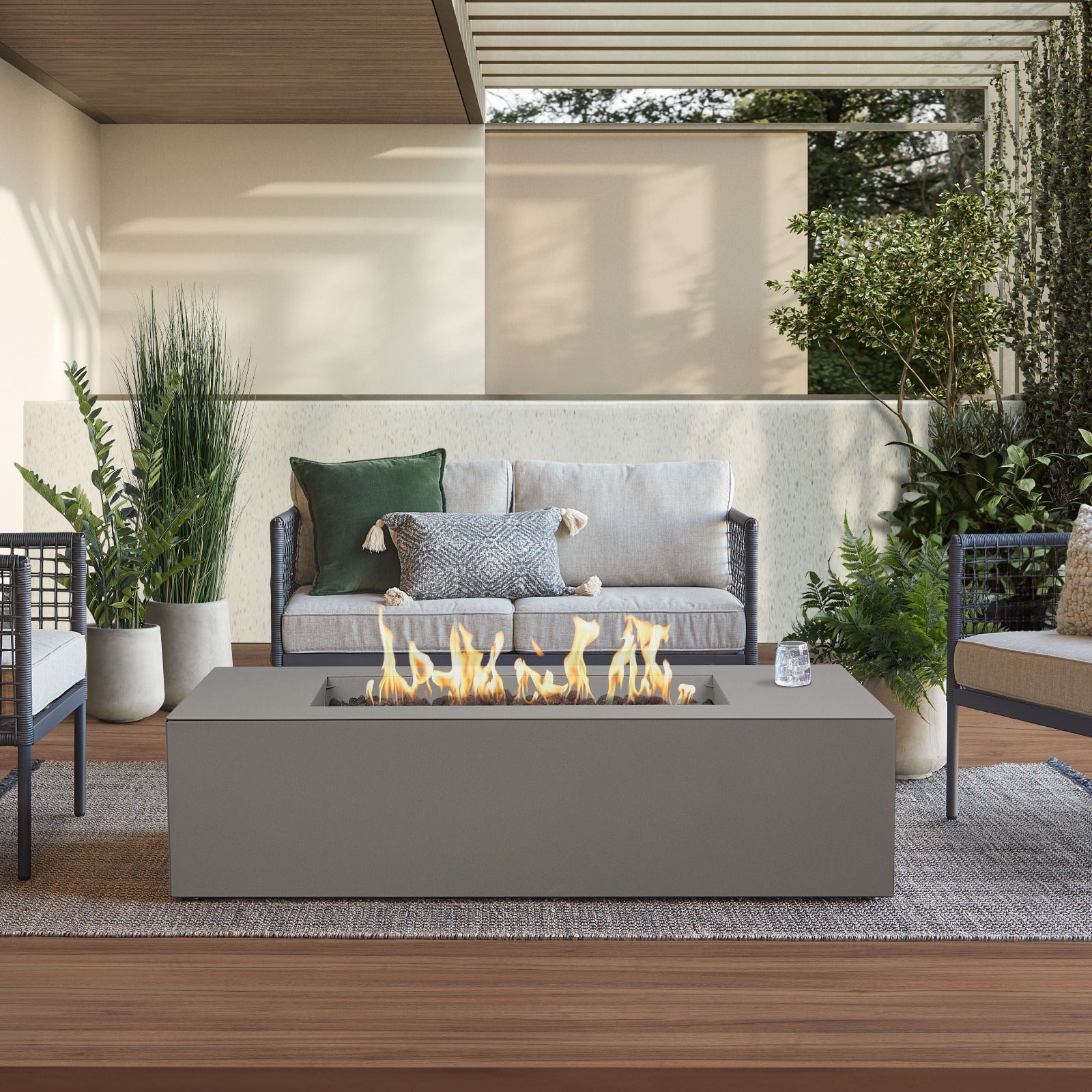 Coden 58" Low Rectangle Fire Pit Table With Hidden Propane Tank - Real Flame