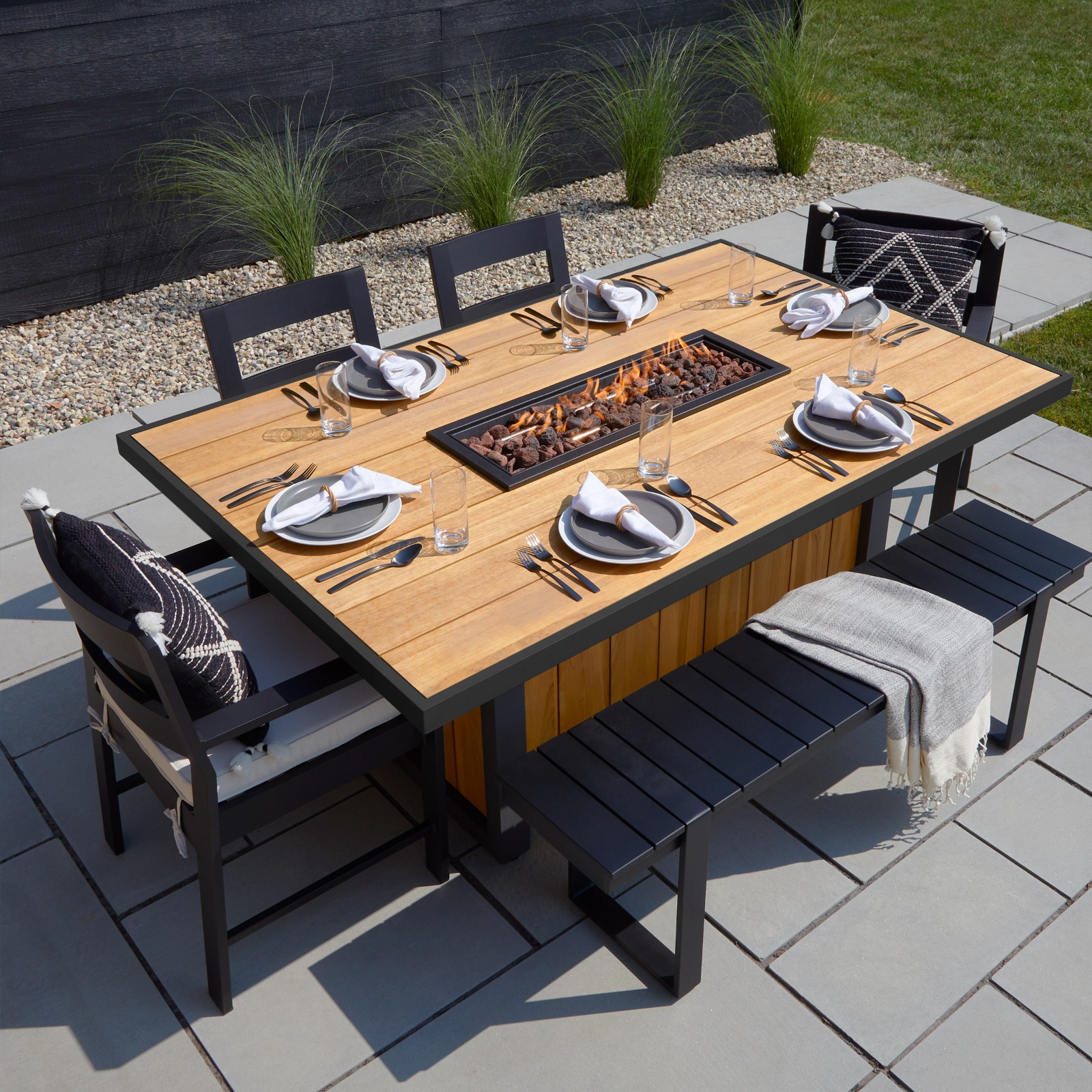 Bodhi 73" Outdoor Dining Table with Fire Pit and Hidden Propane Tank Fireplace Heater