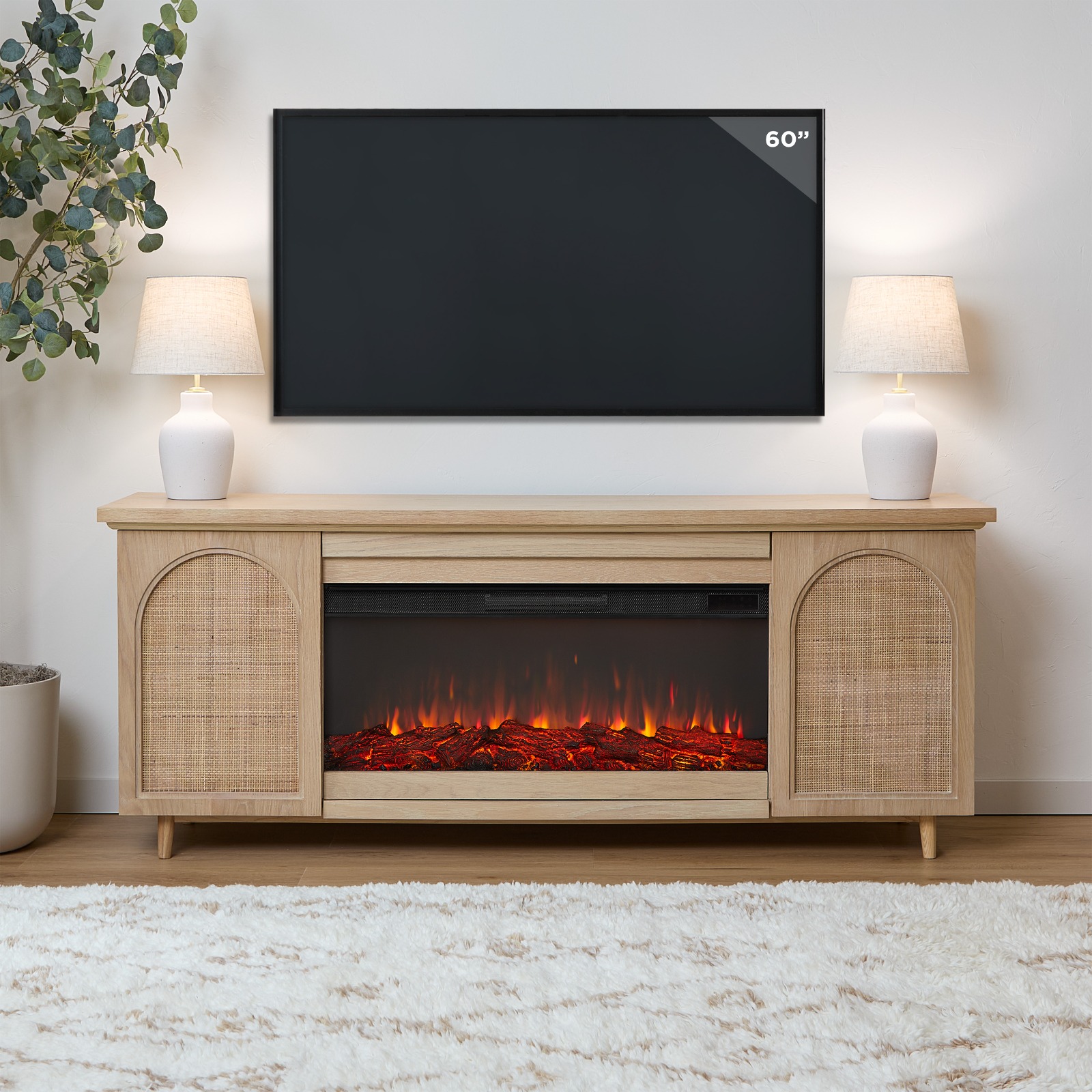 Dahlia Electric Fireplace With Brown Wood Mantel  TV Entertainment Center Wicker Bohemian Style Indoor Heater