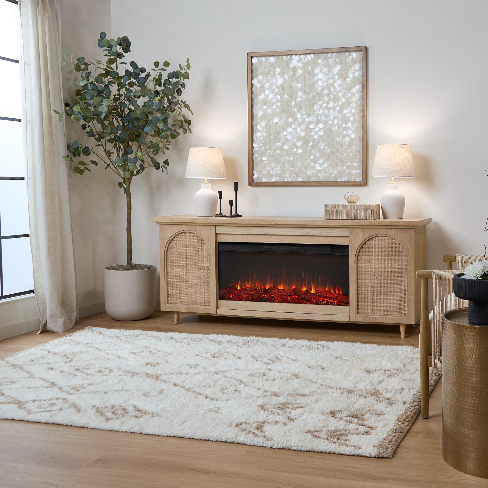 Dahlia Electric Fireplace With Brown Wood Mantel  TV Entertainment Center Wicker Bohemian Style Indoor Heater