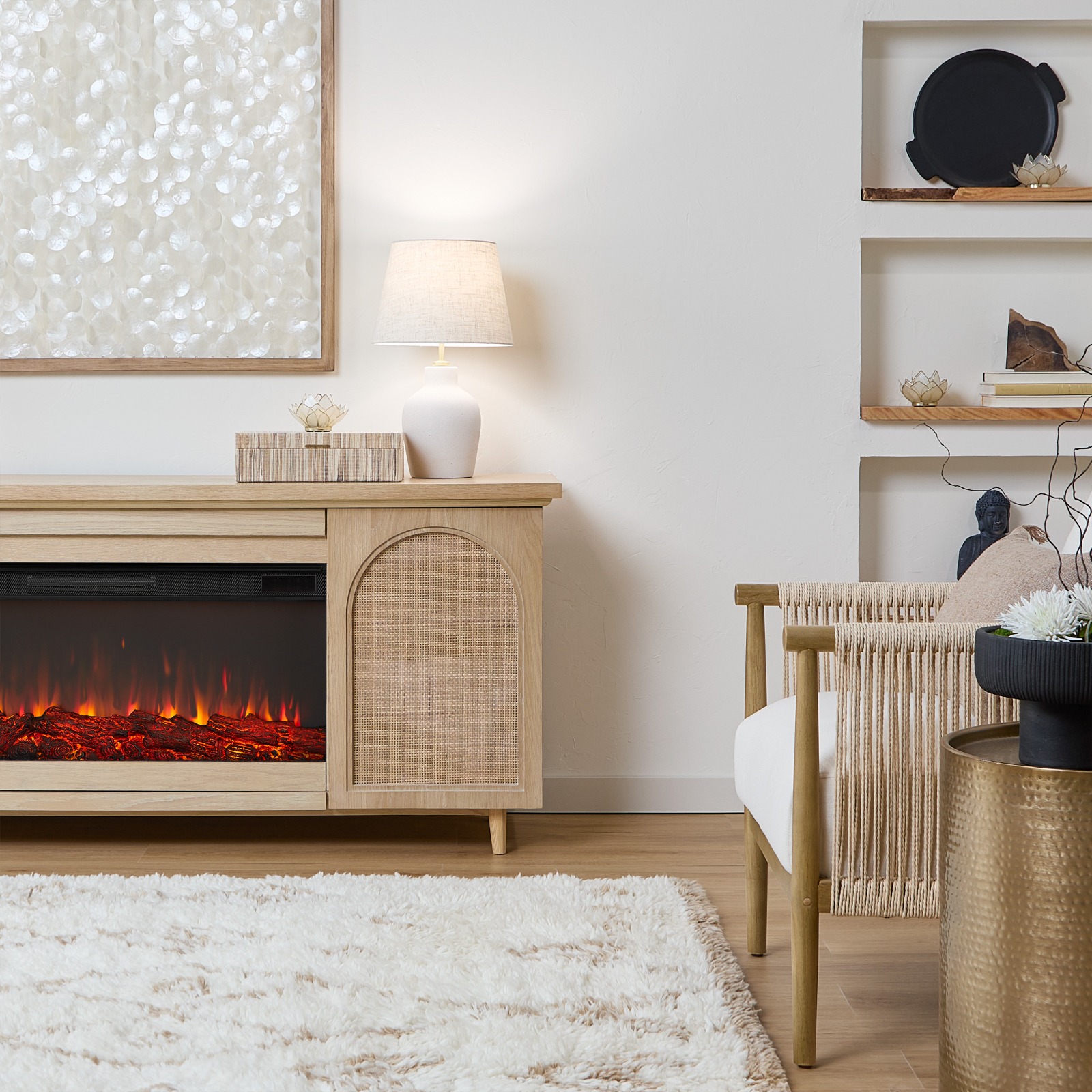 Dahlia Electric Fireplace With Brown Wood Mantel  TV Entertainment Center Wicker Bohemian Style Indoor Heater