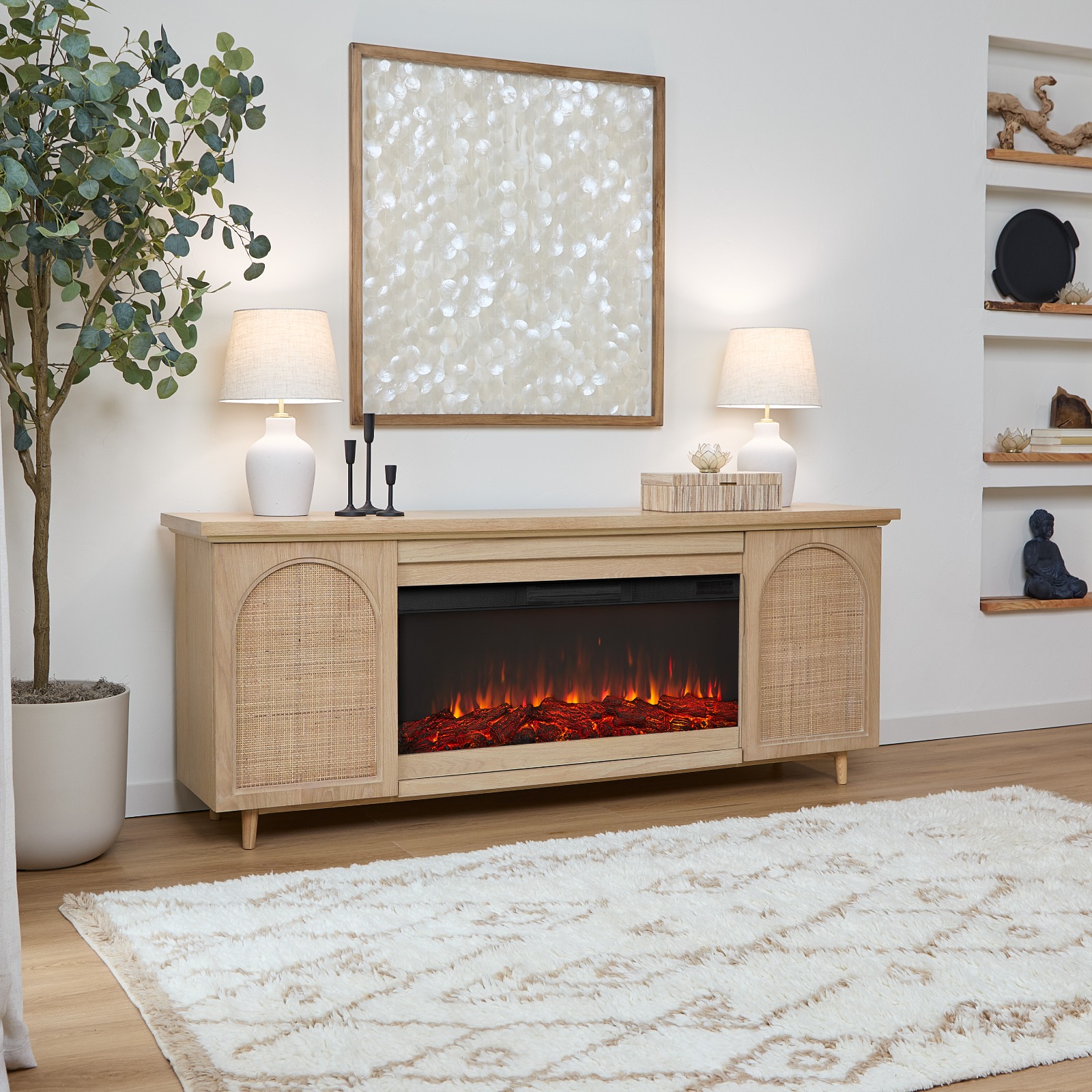 Dahlia Electric Fireplace With Brown Wood Mantel  TV Entertainment Center Wicker Bohemian Style Indoor Heater