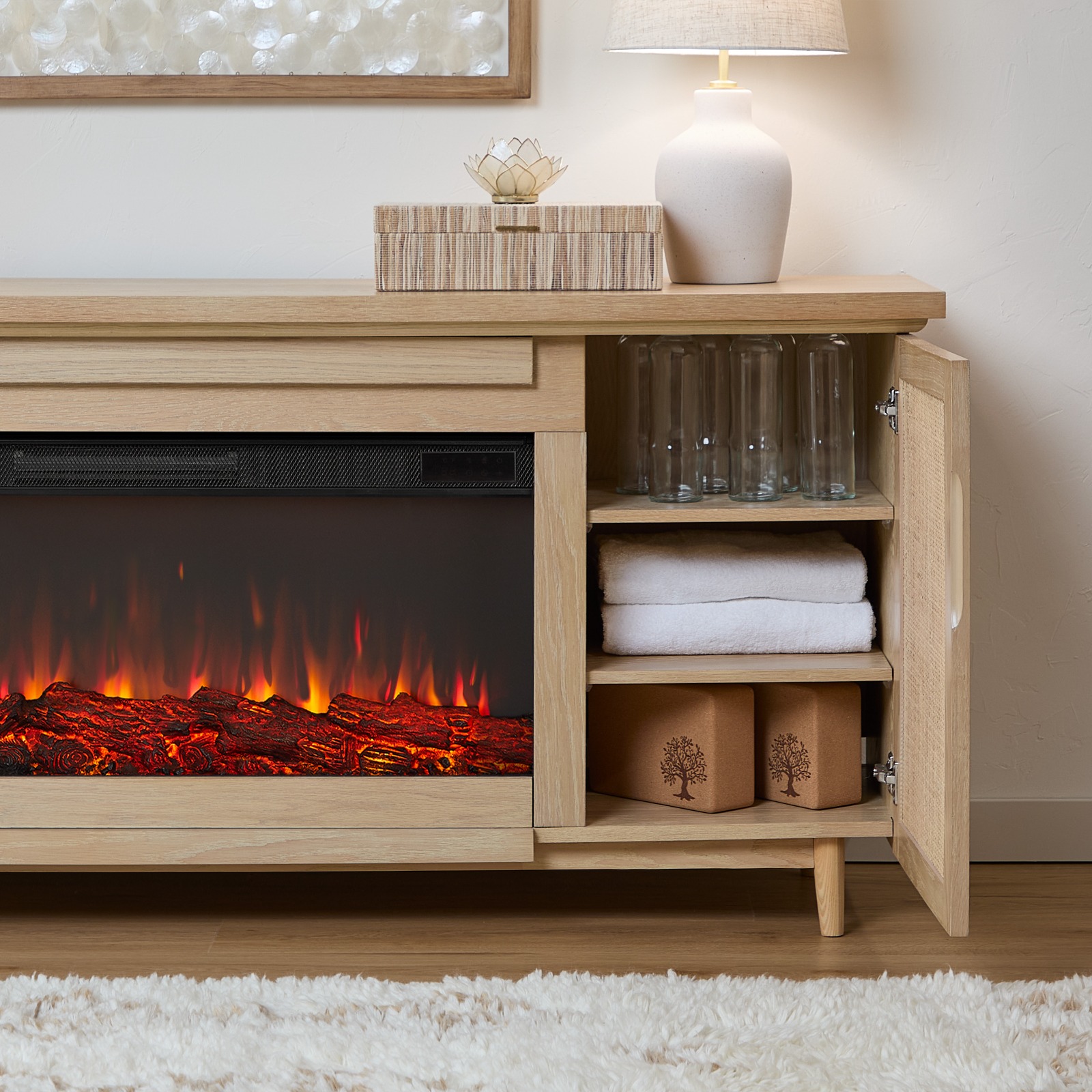 Dahlia Electric Fireplace With Brown Wood Mantel  TV Entertainment Center Wicker Bohemian Style Indoor Heater