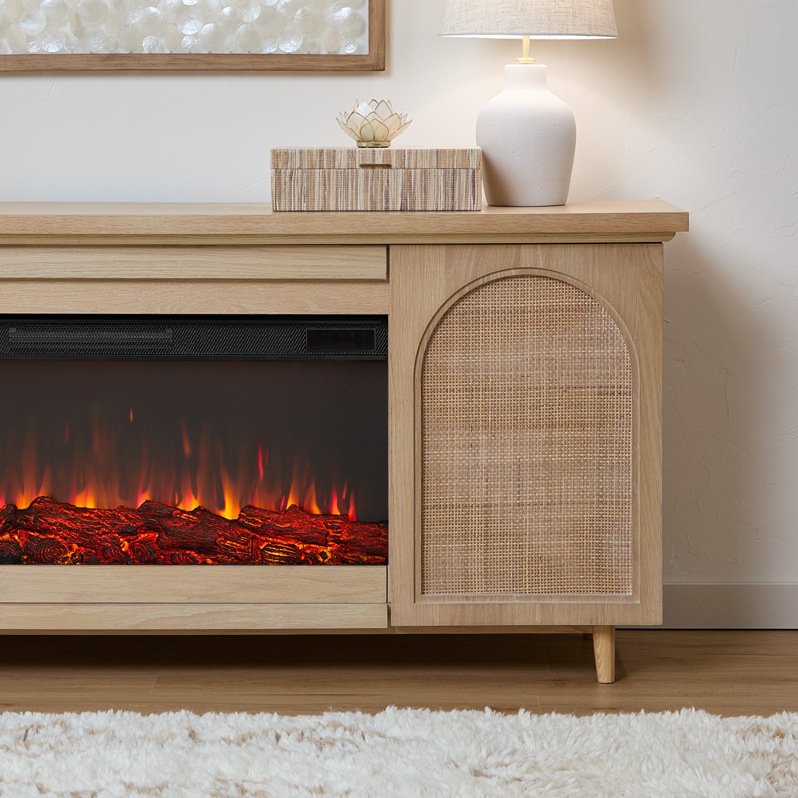 Dahlia Electric Fireplace With Brown Wood Mantel  TV Entertainment Center Wicker Bohemian Style Indoor Heater
