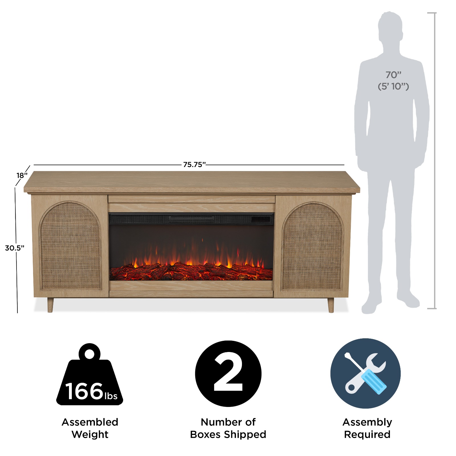 Dahlia Electric Fireplace With Brown Wood Mantel  TV Entertainment Center Wicker Bohemian Style Indoor Heater