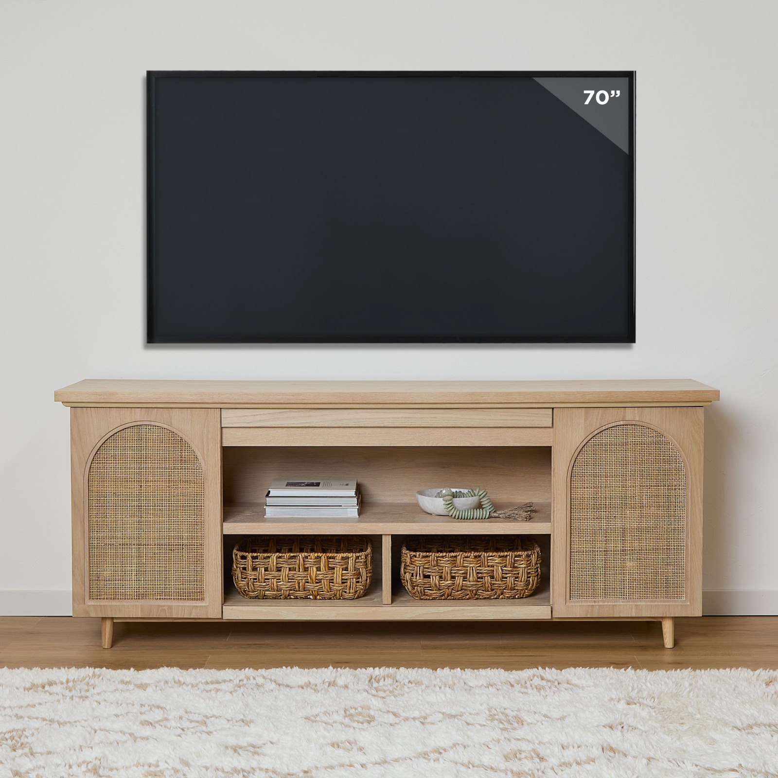 Dahlia Brown Wood TV Stand Entertainment Center With Shelves And Wicker Cabinet Doors