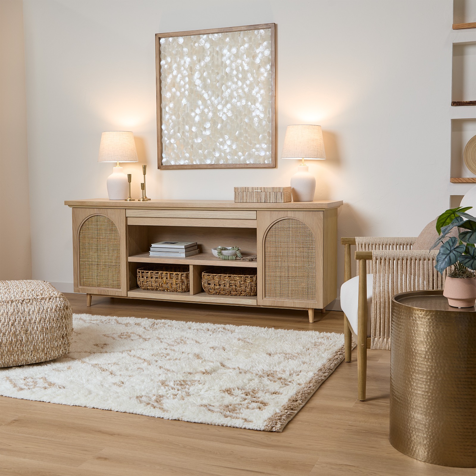 Dahlia Brown Wood TV Stand Entertainment Center With Shelves And Wicker Cabinet Doors