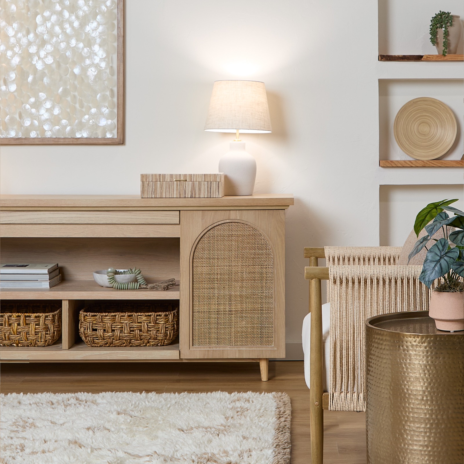 Dahlia Brown Wood TV Stand Entertainment Center With Shelves And Wicker Cabinet Doors