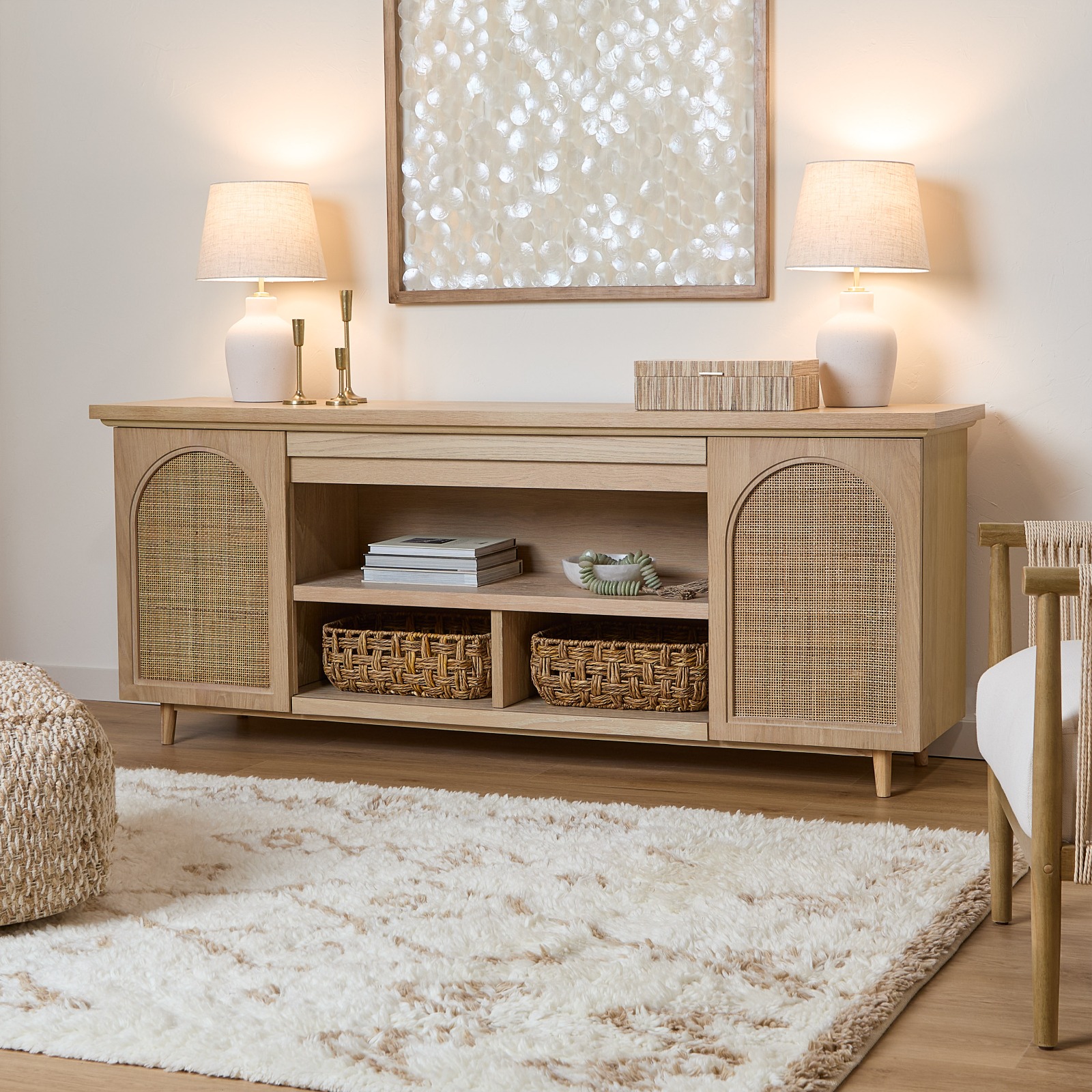 Dahlia Brown Wood TV Stand Entertainment Center With Shelves And Wicker Cabinet Doors