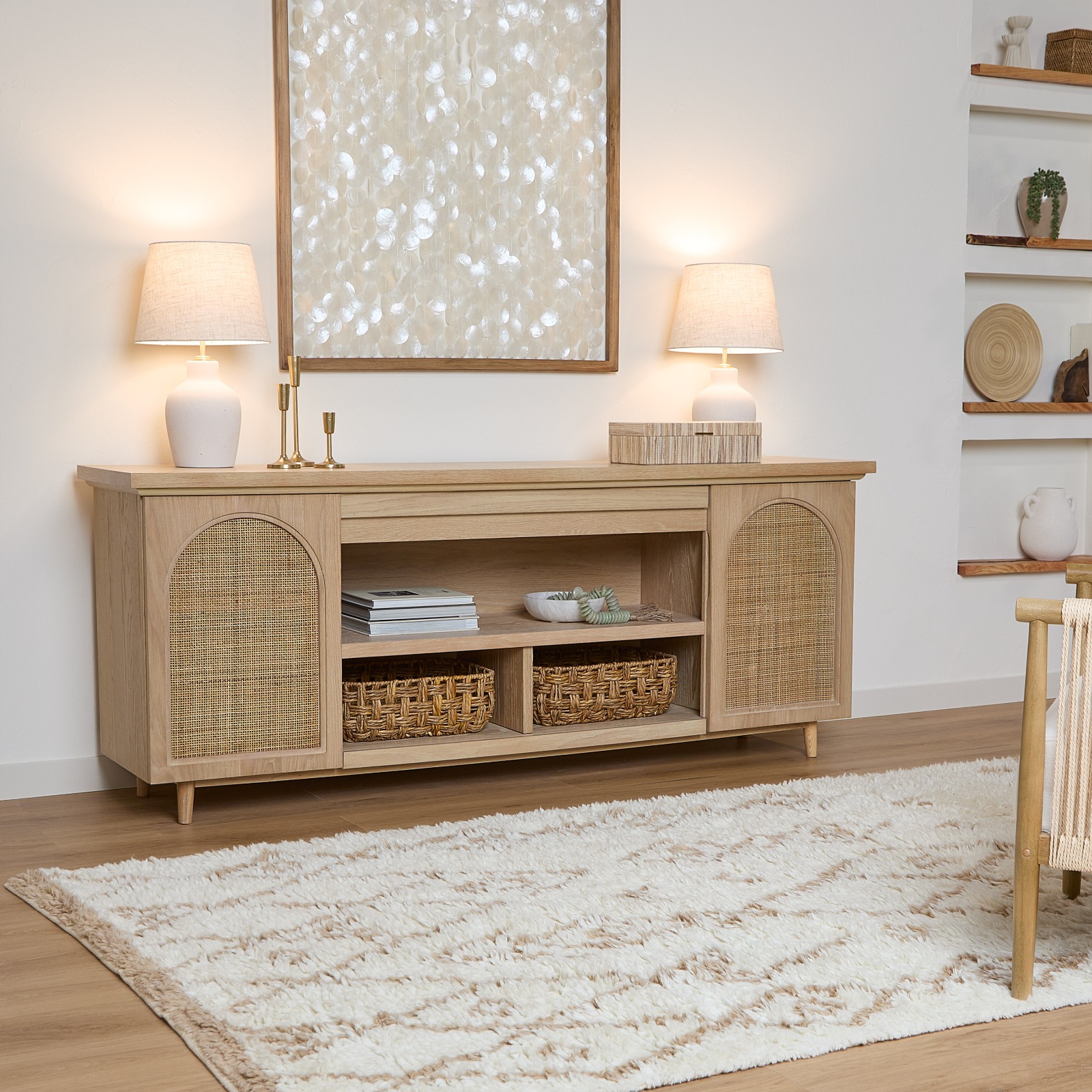 Dahlia Brown Wood TV Stand Entertainment Center With Shelves And Wicker Cabinet Doors