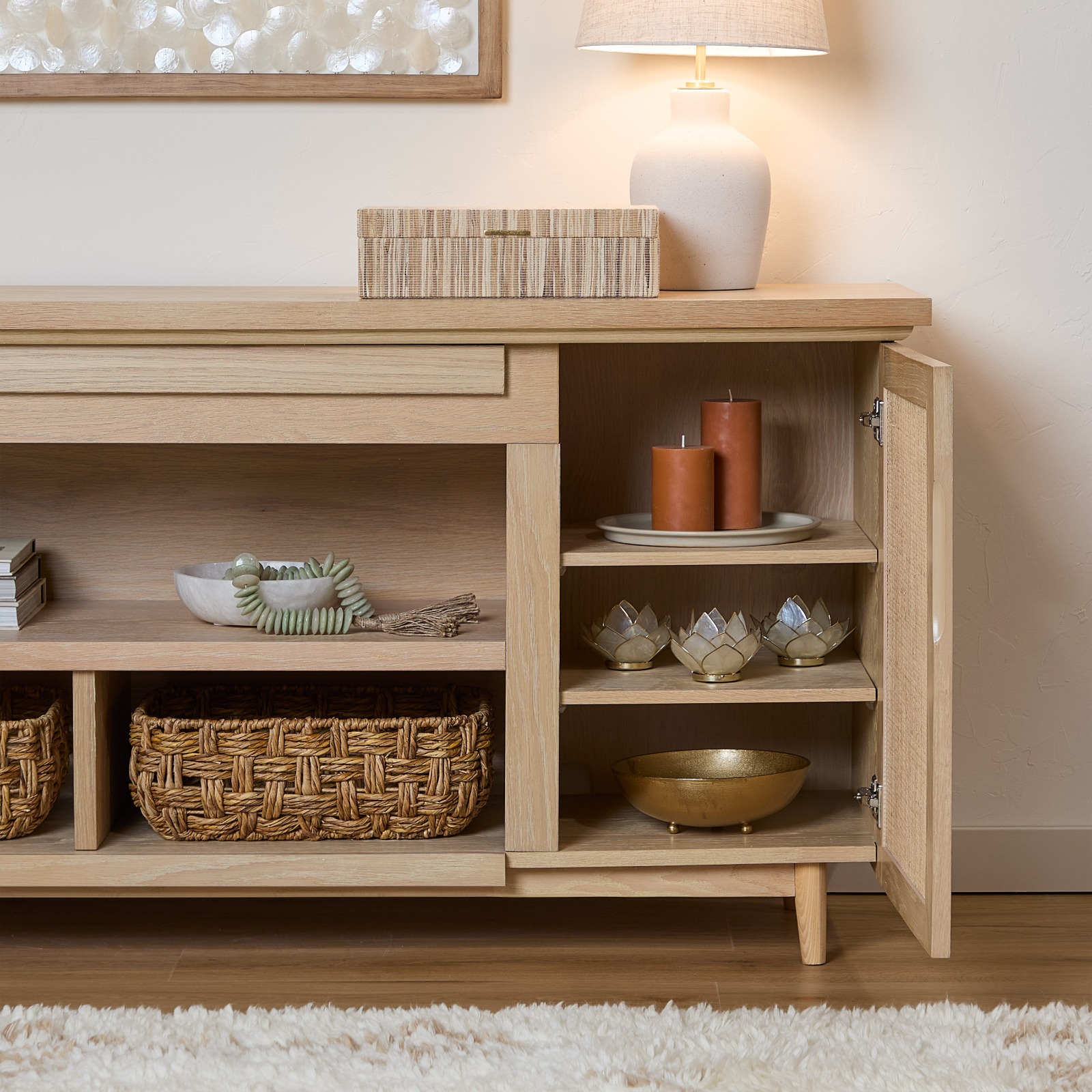 Dahlia Brown Wood TV Stand Entertainment Center With Shelves And Wicker Cabinet Doors