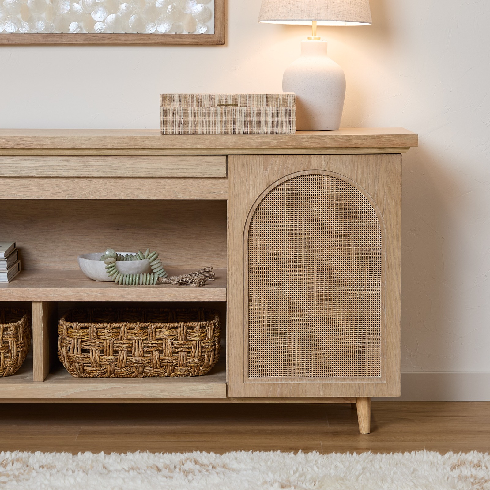 Dahlia Brown Wood TV Stand Entertainment Center With Shelves And Wicker Cabinet Doors