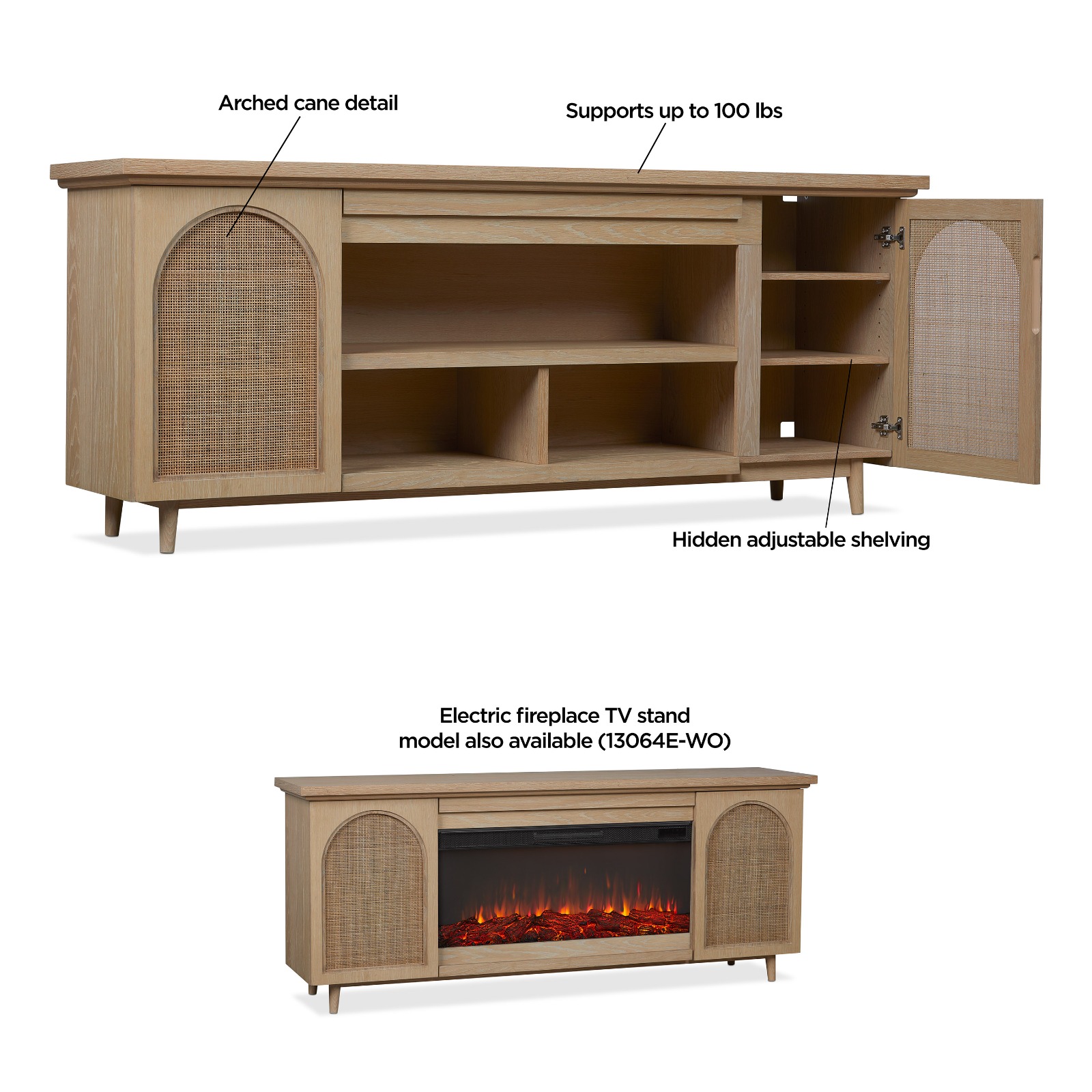 Dahlia Brown Wood TV Stand Entertainment Center With Shelves And Wicker Cabinet Doors