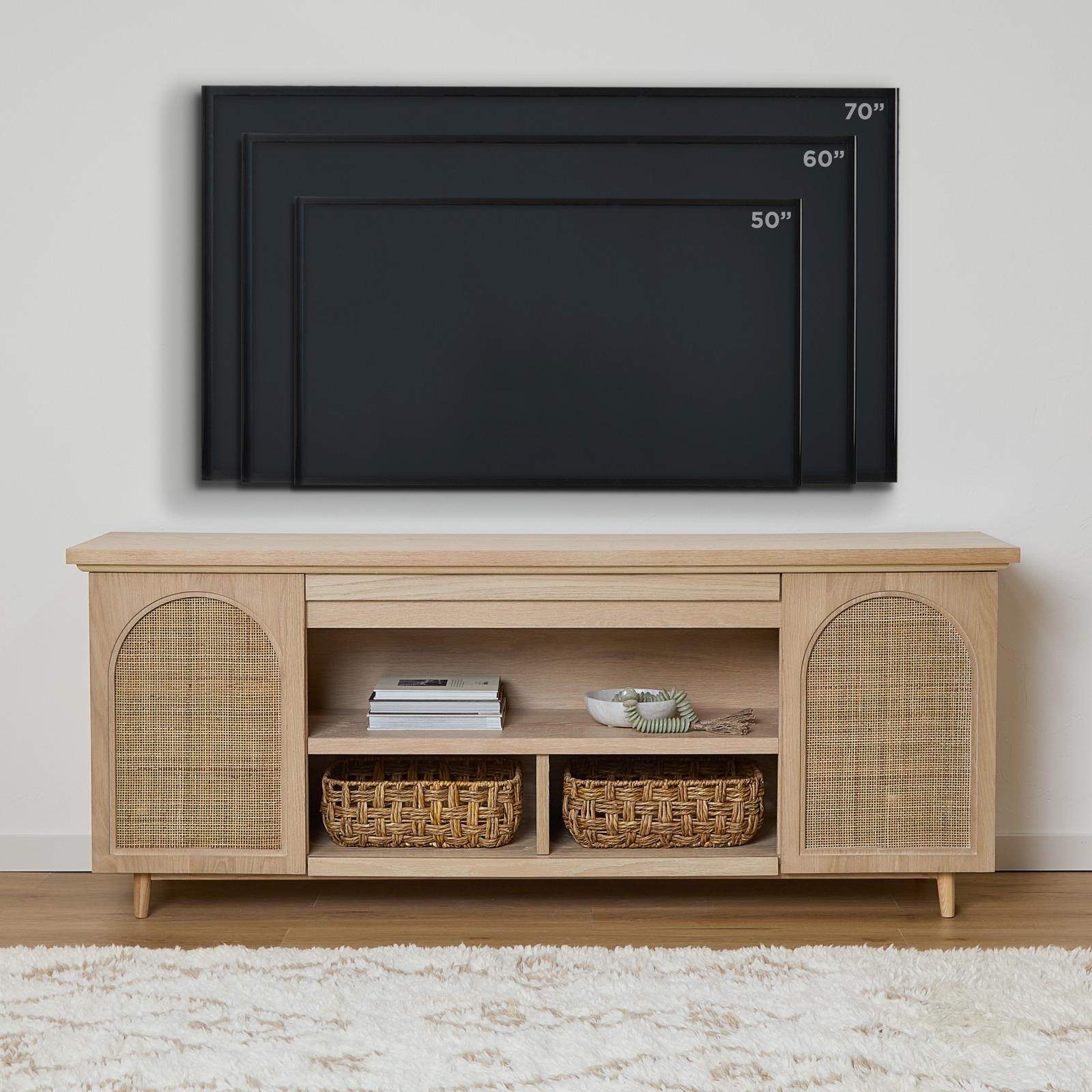 Dahlia Brown Wood TV Stand Entertainment Center With Shelves And Wicker Cabinet Doors