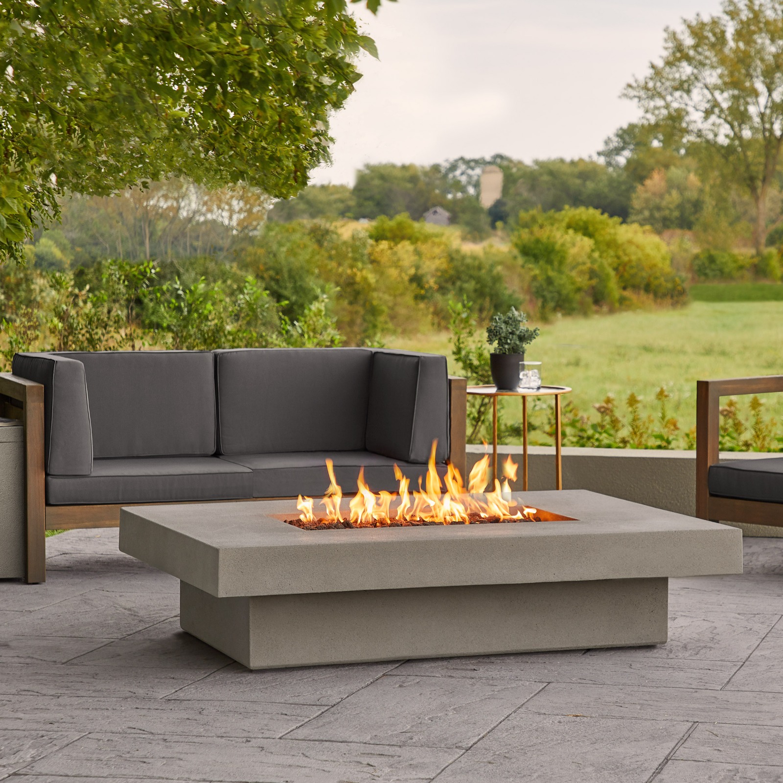 Geneva Low 60" Rectangle GFRC Outdoor Natural Gas or Propane Fire Pit Fireplace Fire Table for Backyard or Patio