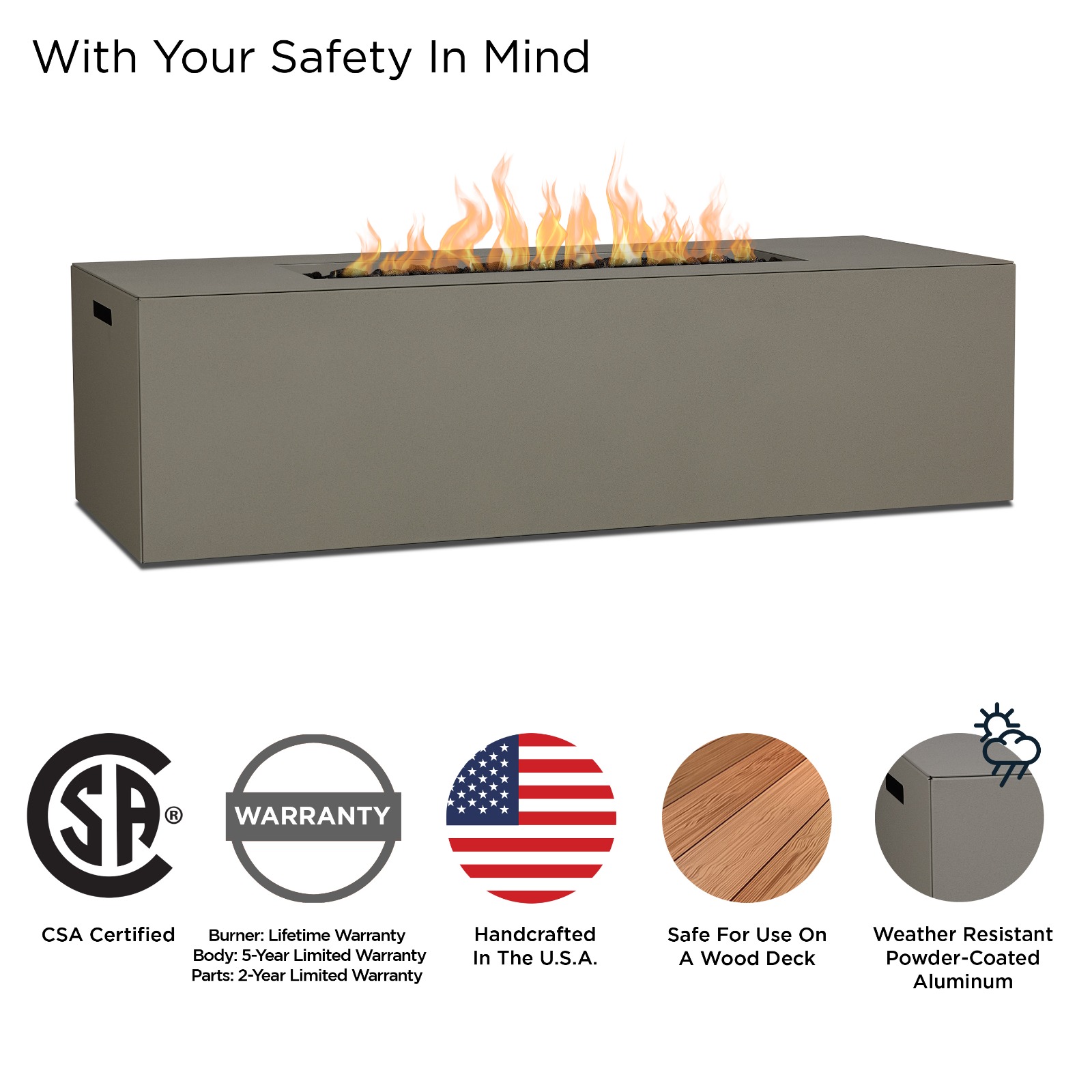 Coden Rectangle Propane Fire Table Outdoor Gray Fire Pit