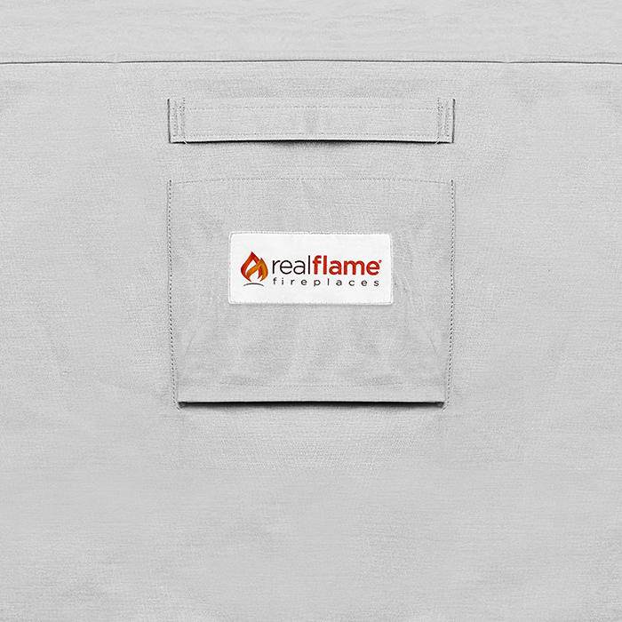 Handles and logo detail of Riverside Fire Bowl Protective Fabric Cover with Drawstring.