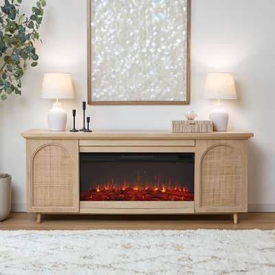 Dahlia Electric Fireplace With Brown Wood Mantel  TV Entertainment Center Wicker Bohemian Style Indoor Heater