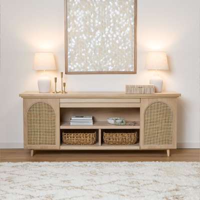 Dahlia Brown Wood TV Stand Entertainment Center With Shelves And Wicker Cabinet Doors