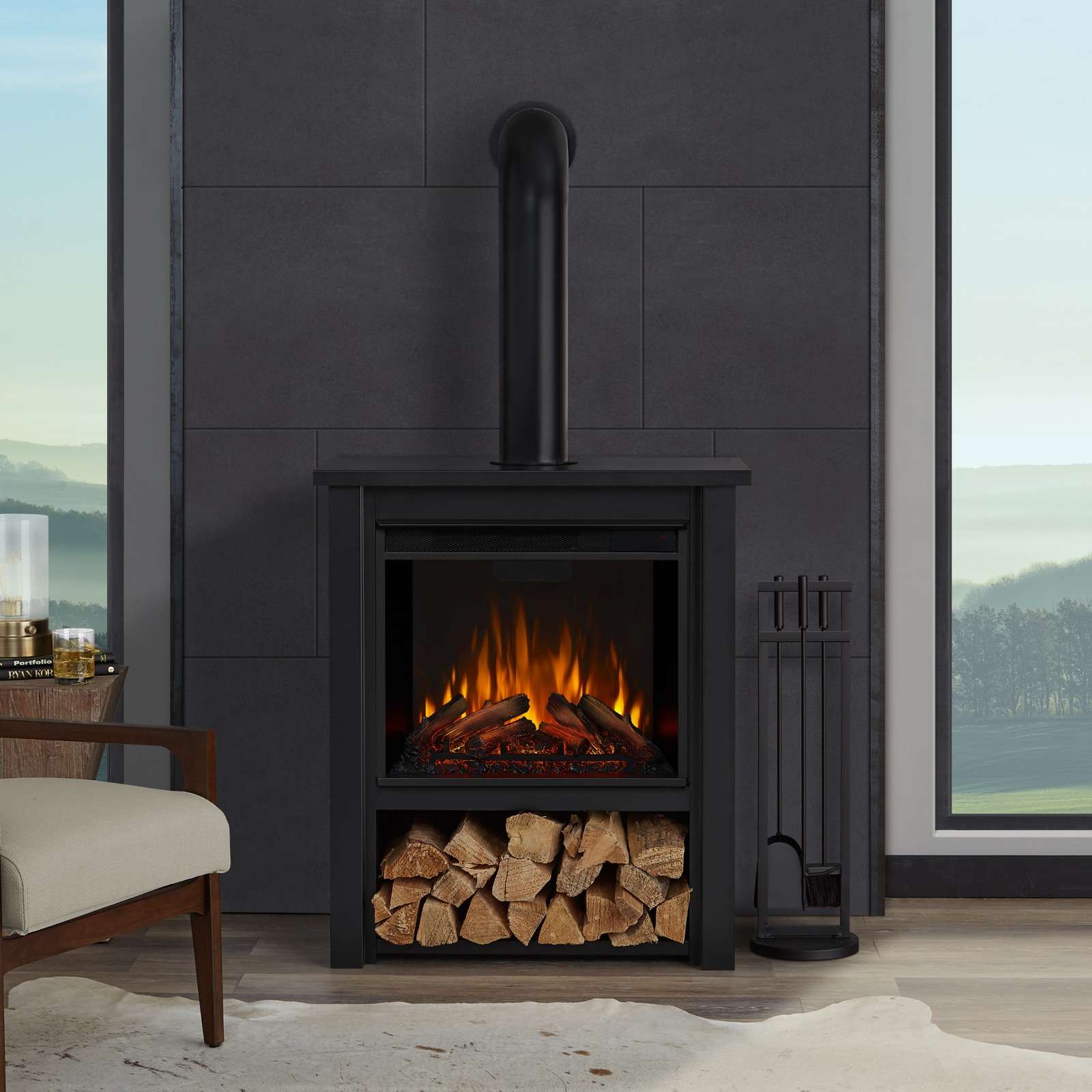 Hollis Electric Fireplace Indoor, Electric Fireplace Heater Realistic Flame And Logs With Glowing Embers